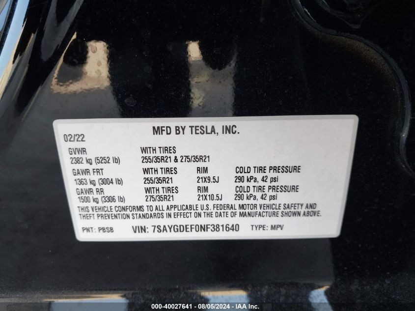 2022 Tesla Model Y Performance Dual Motor All-Wheel Drive VIN: 7SAYGDEF0NF381640 Lot: 40027641