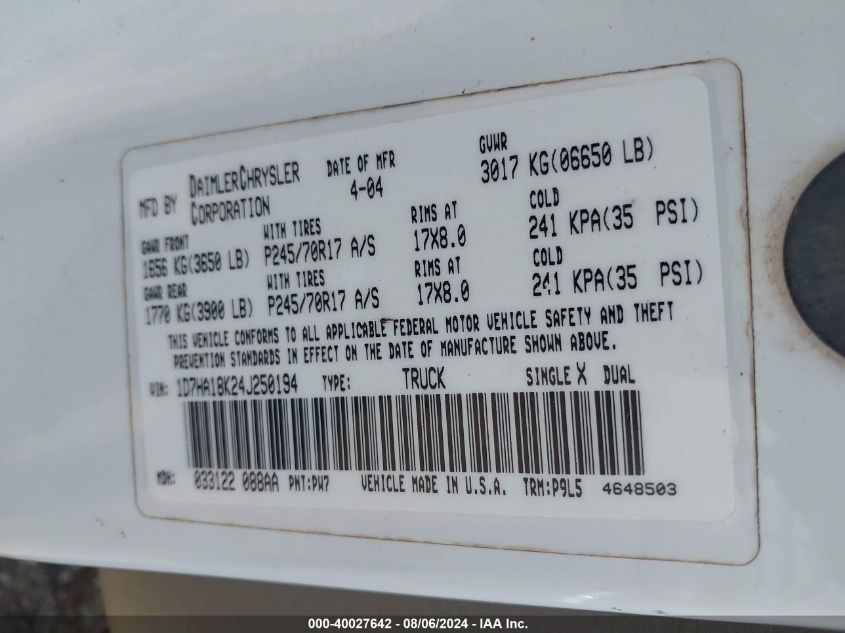 2004 Dodge Ram 1500 St VIN: 1D7HA18K24J250194 Lot: 40027642