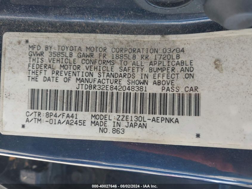 2004 Toyota Corolla Le VIN: JTDBR32E842048381 Lot: 40027646