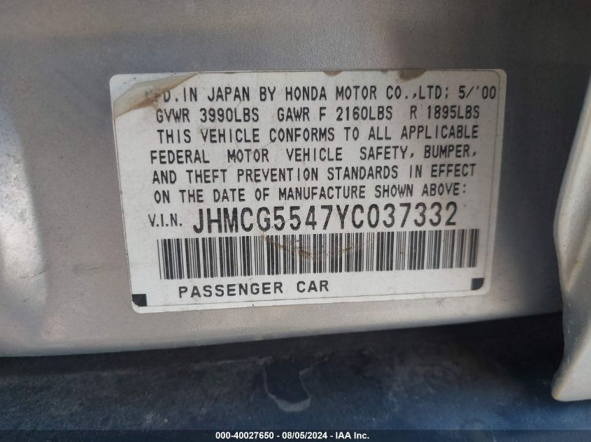 2000 Honda Accord 2.3 Lx VIN: JHMCG5547YC037332 Lot: 40027650