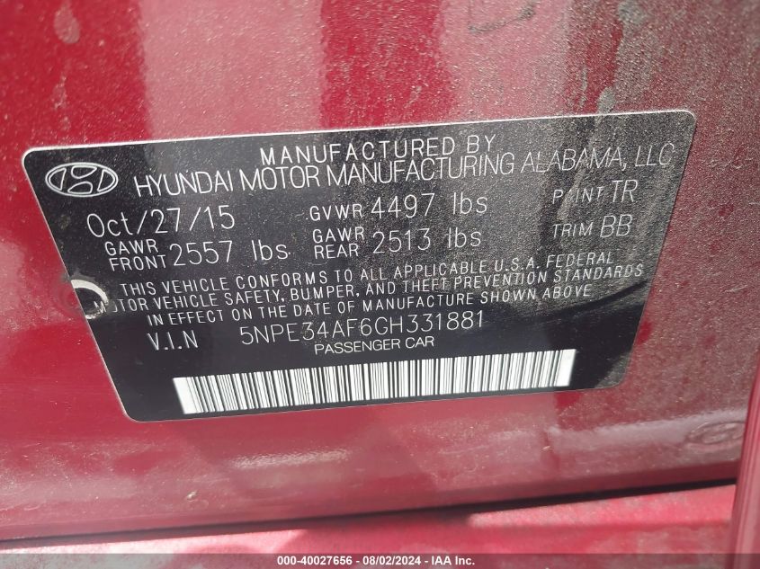 2016 Hyundai Sonata Sport VIN: 5NPE34AF6GH331881 Lot: 40027656