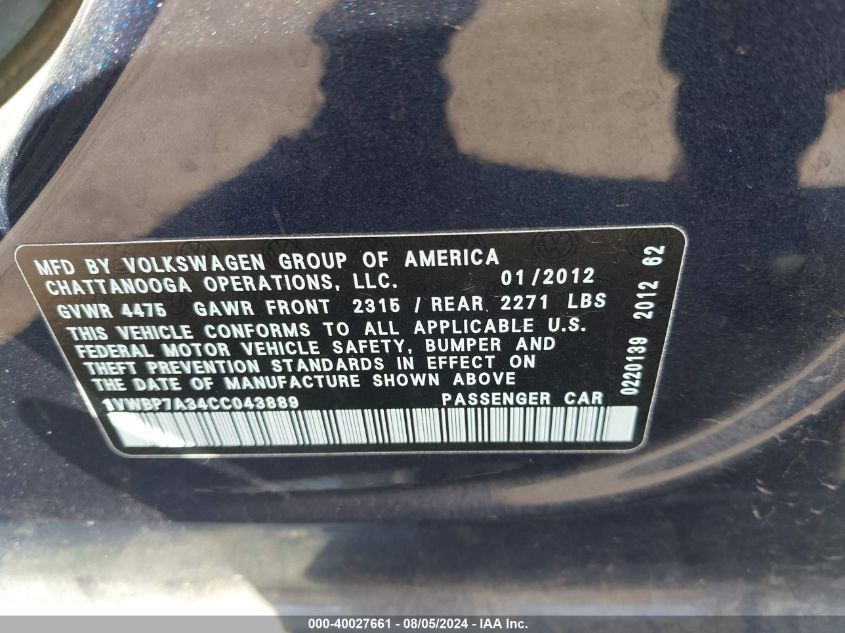 2012 Volkswagen Passat 2.5L Se VIN: 1VWBP7A34CC043889 Lot: 40027661