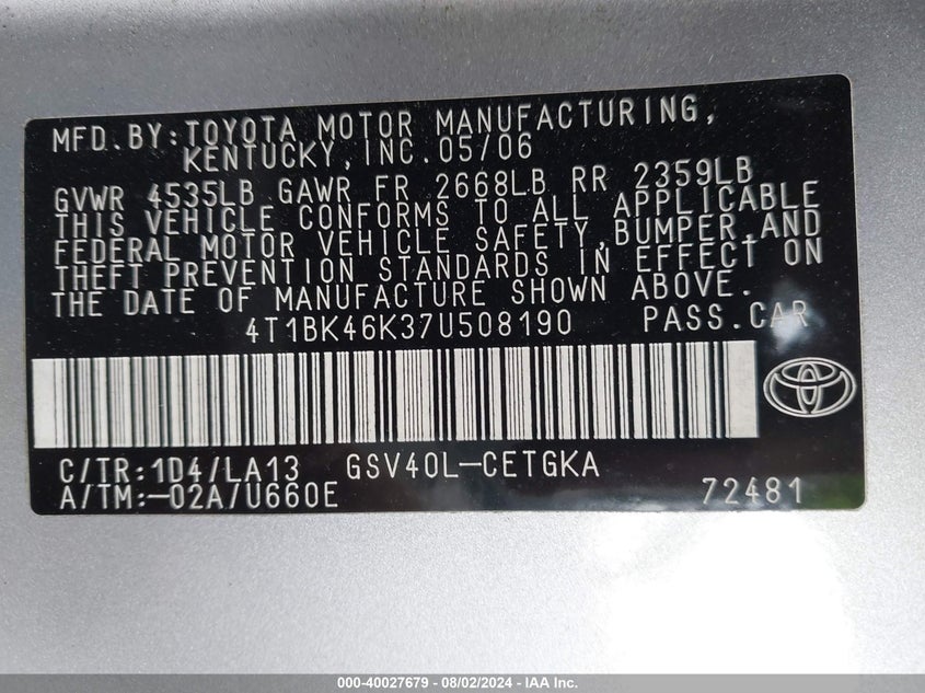 2007 Toyota Camry Xle V6 VIN: 4T1BK46K37U508190 Lot: 40027679