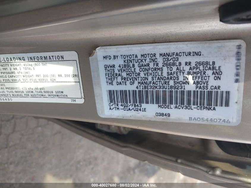 2003 Toyota Camry Le VIN: 4T1BE32K33U189231 Lot: 40027680