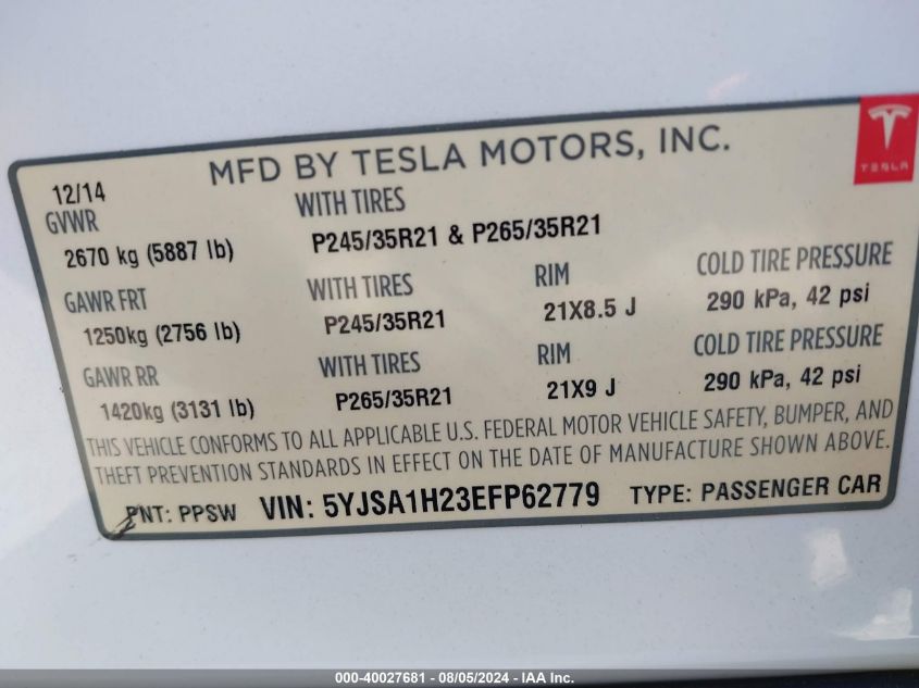 VIN 5YJSA1H23EFP62779 2014 Tesla Model S, P85D no.9