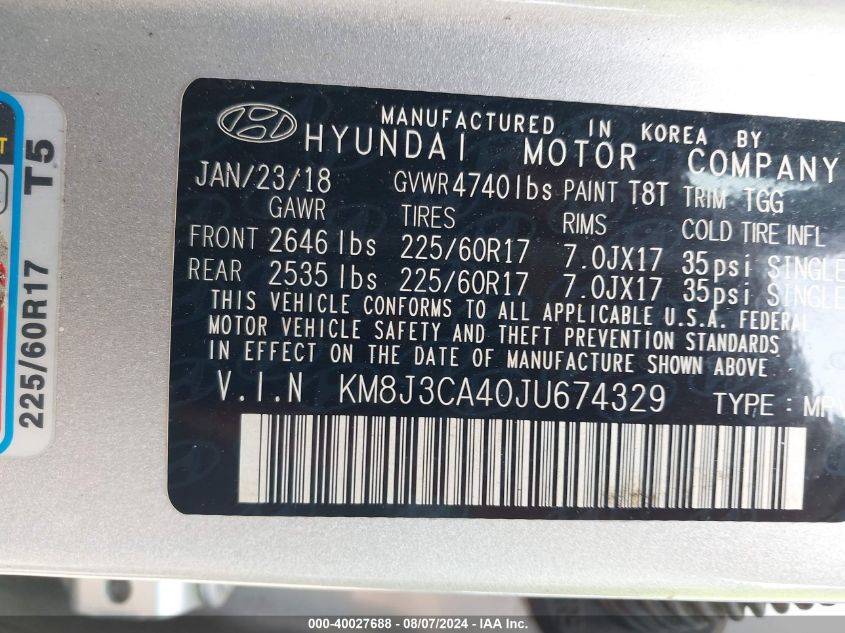 2018 Hyundai Tucson Sel VIN: KM8J3CA40JU674329 Lot: 40027688
