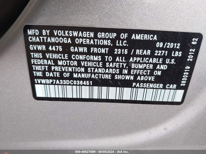 2013 Volkswagen Passat Se VIN: 1VWBP7A33DC036451 Lot: 40027689
