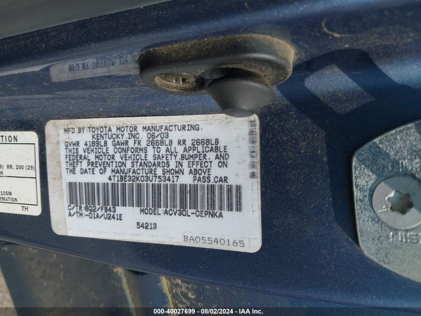 2003 Toyota Camry Le VIN: 4T1BE32K03U753417 Lot: 40027699