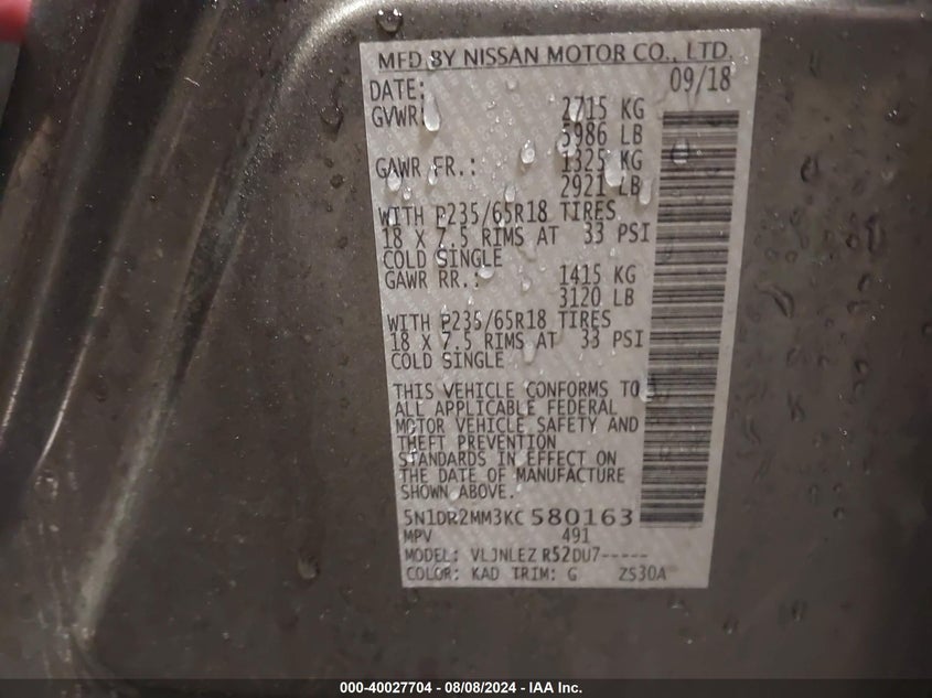 VIN 5N1DR2MM3KC580163 2019 NISSAN PATHFINDER SV