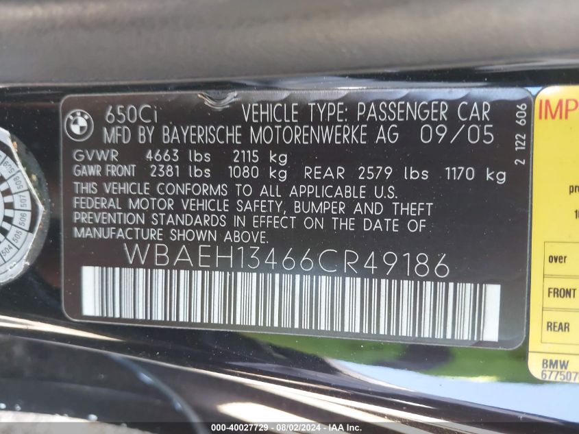 2006 BMW 650I VIN: WBAEH13466CR49186 Lot: 40027729
