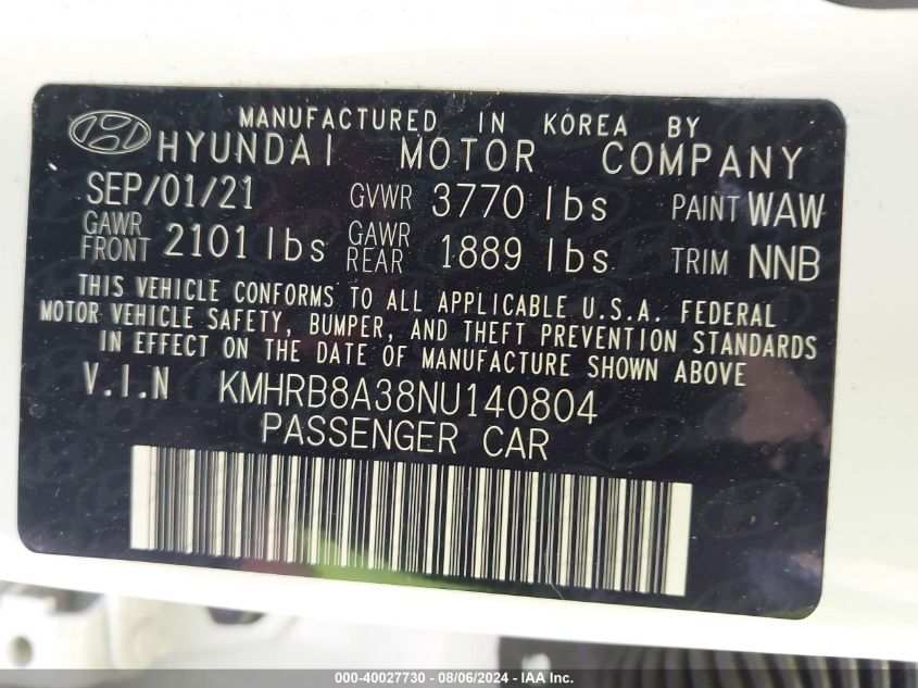 2022 Hyundai Venue Se VIN: KMHRB8A38NU140804 Lot: 40027730