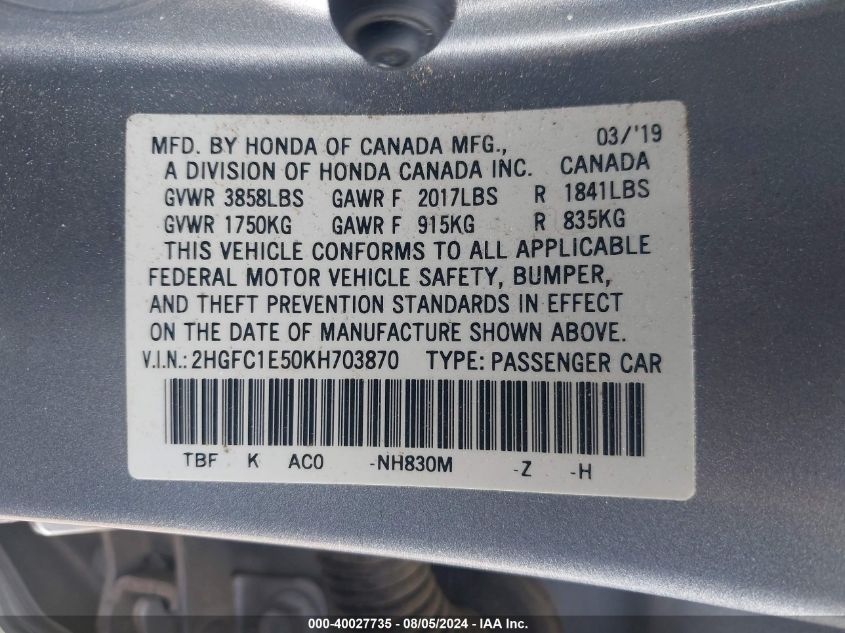 2019 Honda Civic Si VIN: 2HGFC1E50KH703870 Lot: 40027735