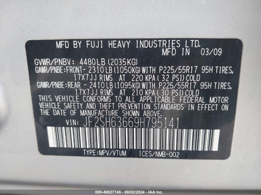 2009 Subaru Forester 2.5X VIN: JF2SH63669H795141 Lot: 40027745