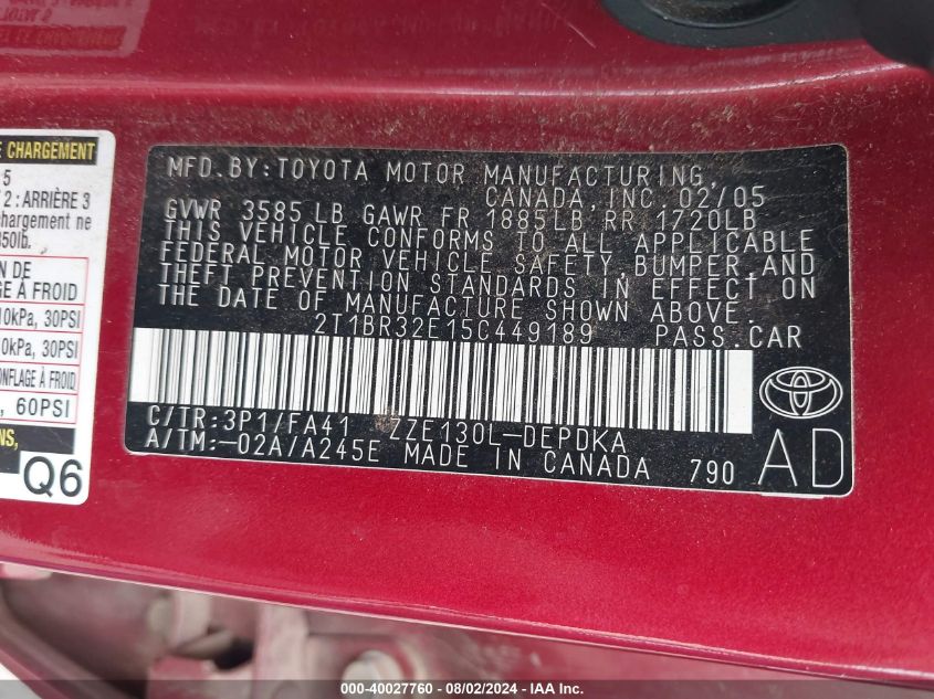 2005 Toyota Corolla Ce VIN: 2T1BR32E15C449189 Lot: 40027760