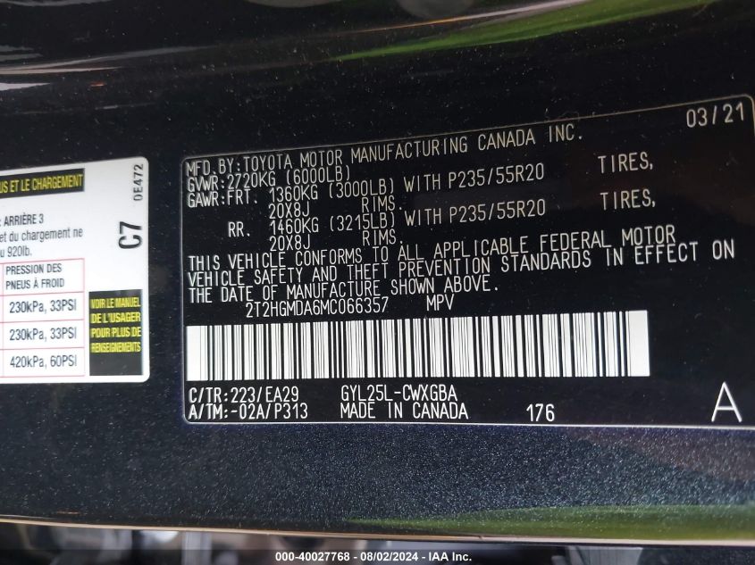 2021 Lexus Rx 450H VIN: 2T2HGMDA6MC066357 Lot: 40027768