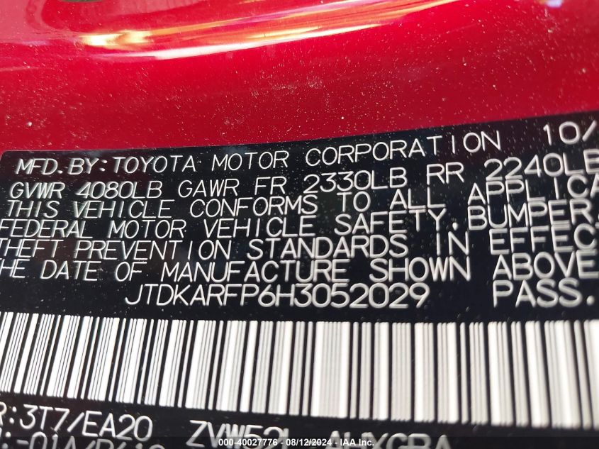 2017 Toyota Prius Prime Premium VIN: JTDKARFP6H3052029 Lot: 40027776