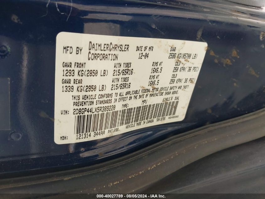 2005 Dodge Grand Caravan Sxt VIN: 2D8GP44LX5R389220 Lot: 40027789