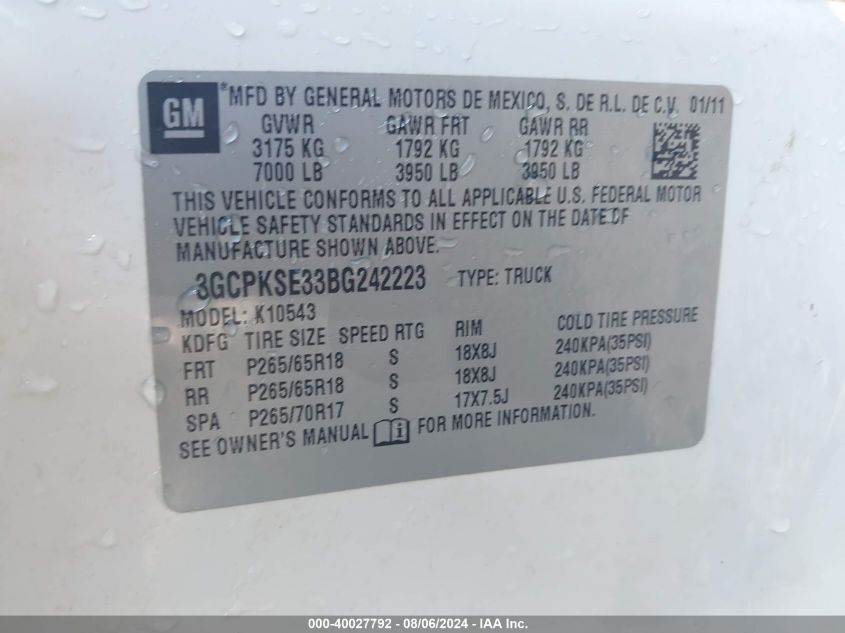 2011 Chevrolet Silverado 1500 Lt VIN: 3GCPKSE33BG242223 Lot: 40027792