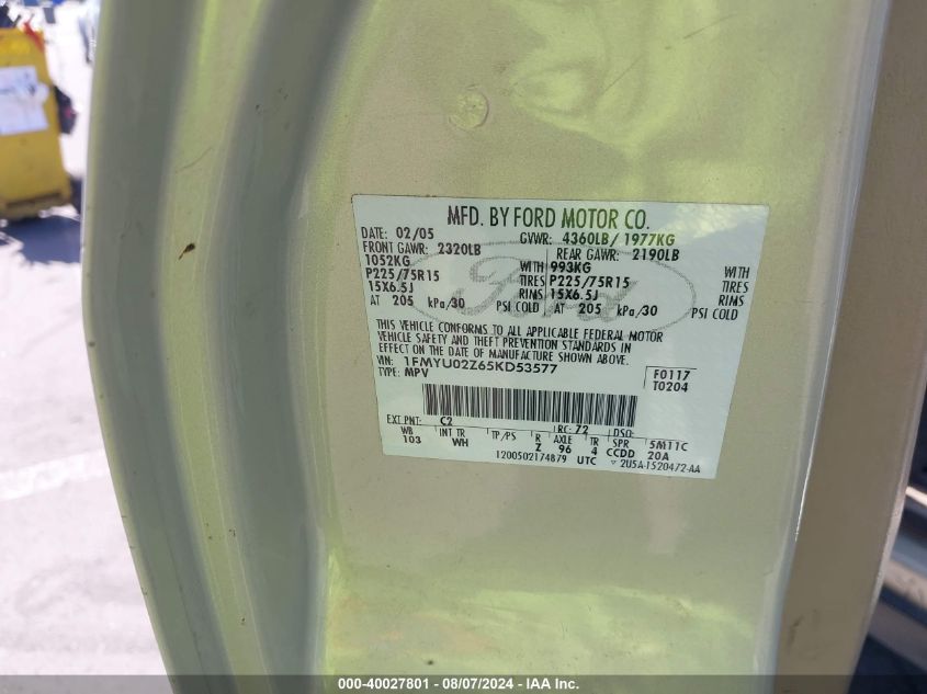 2005 Ford Escape Xls VIN: 1FMYU02Z65KD53577 Lot: 40027801