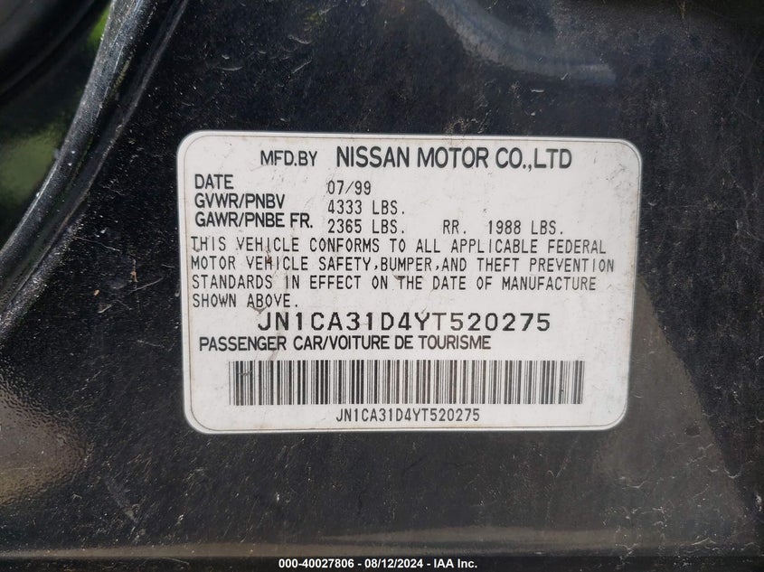 2000 Nissan Maxima Gle/Gxe/Se VIN: JN1CA31D4YT520275 Lot: 40027806