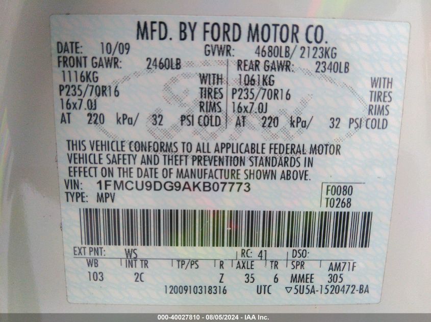 2010 Ford Escape Xlt VIN: 1FMCU9DG9AKB07773 Lot: 40027810