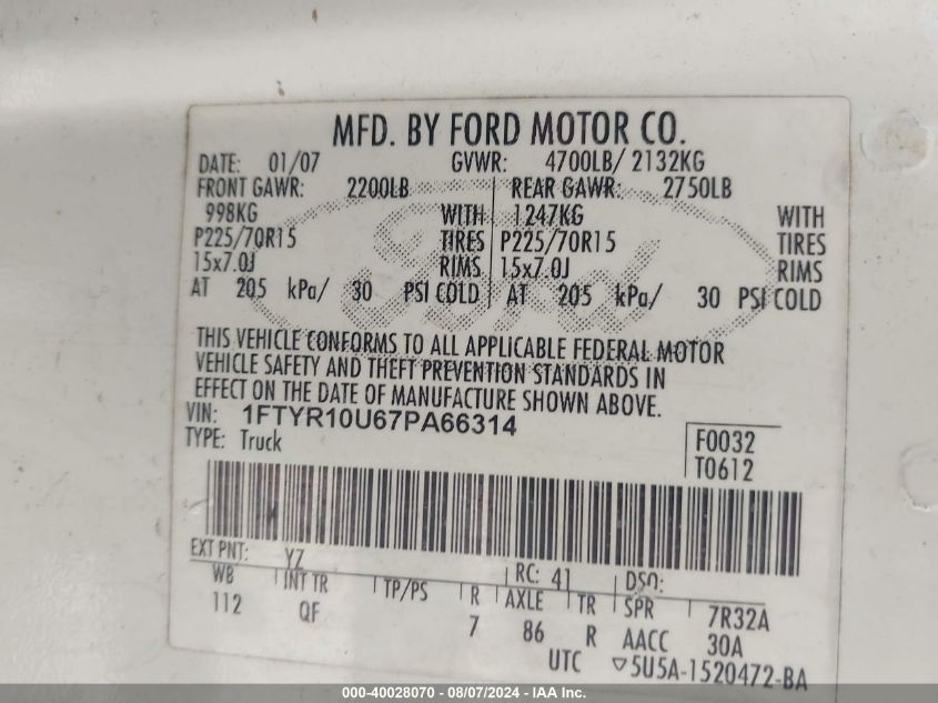 2007 Ford Ranger Sport/Stx/Xl/Xlt VIN: 1FTYR10U67PA66314 Lot: 40028070