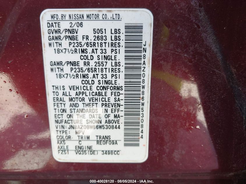 2006 Nissan Murano Sl VIN: JN8AZ08W86W530844 Lot: 40028120