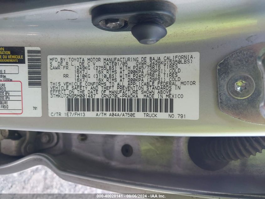 2005 Toyota Tacoma Prerunner V6 VIN: 3TMKU72N95M001487 Lot: 40028141