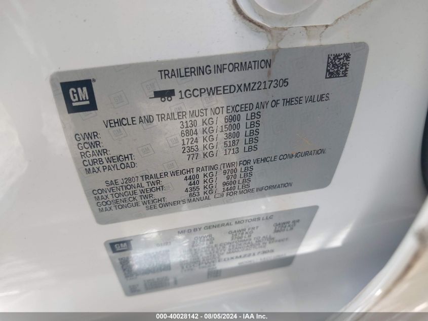 2021 Chevrolet Silverado 1500 2Wd Short Bed Ltz VIN: 1GCPWEEDXMZ217305 Lot: 40028142