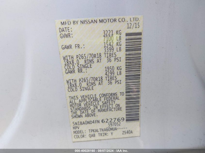 2015 Nissan Armada Sv VIN: 5N1BA0ND4FN622769 Lot: 40028160