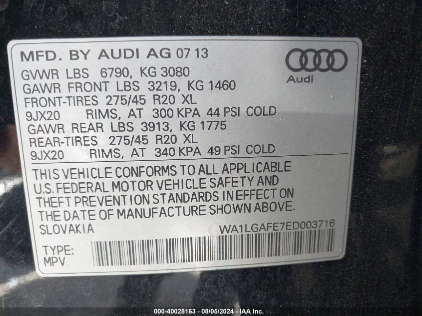 2014 Audi Q7 3.0T Premium VIN: WA1LGAFE7ED003716 Lot: 40028163