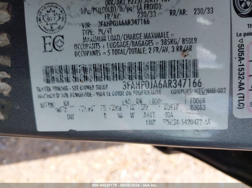 2010 Ford Fusion Sel VIN: 3FAHP0JA6AR347166 Lot: 40028179