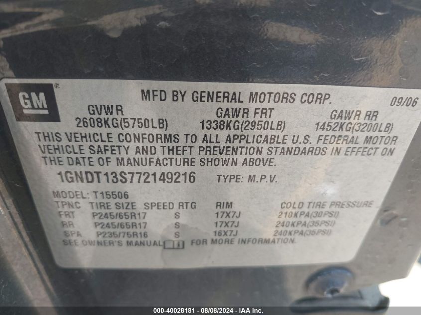 2007 Chevrolet Trailblazer Ls VIN: 1GNDT13S772149216 Lot: 40028181