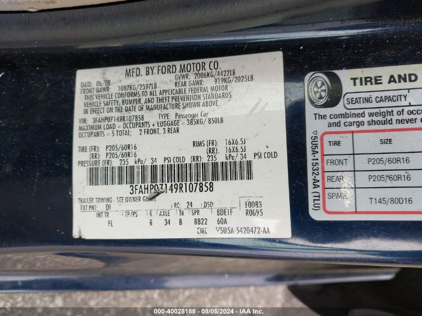 2009 Ford Fusion Se VIN: 3FAHP07149R107858 Lot: 40028188