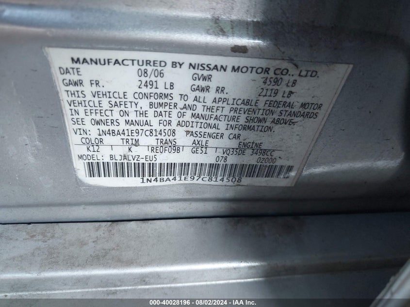 2007 Nissan Maxima 3.5 Se VIN: 1N4BA41E97C814508 Lot: 40028196