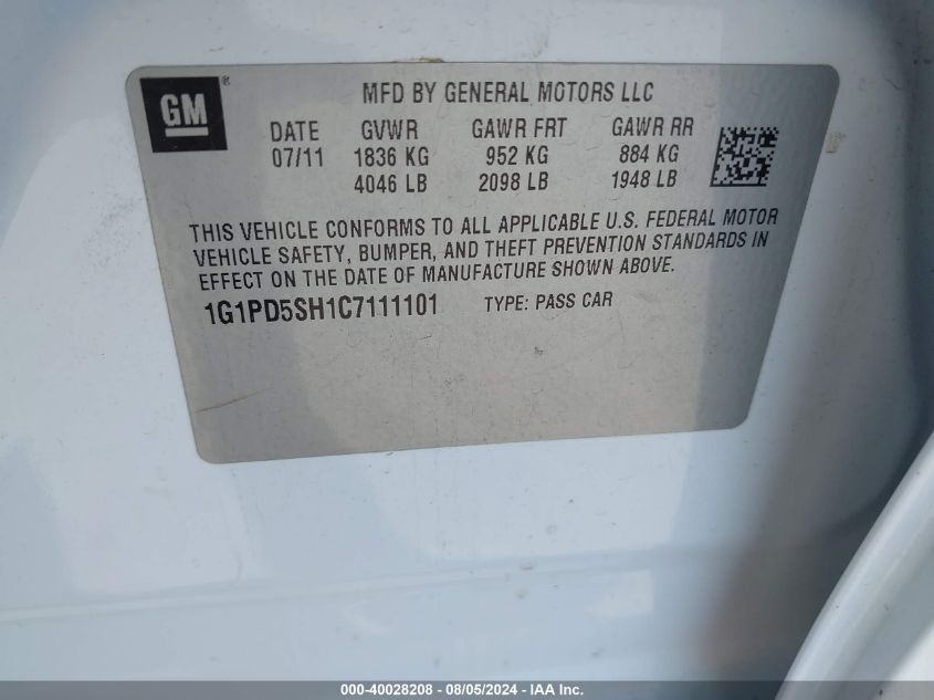 2012 Chevrolet Cruze Ls VIN: 1G1PD5SH1C7111101 Lot: 40028208