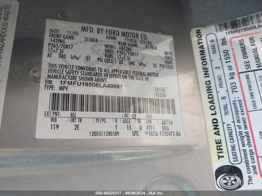 2006 Ford Expedition Limited VIN: 1FMFU19506LA49687 Lot: 40028217