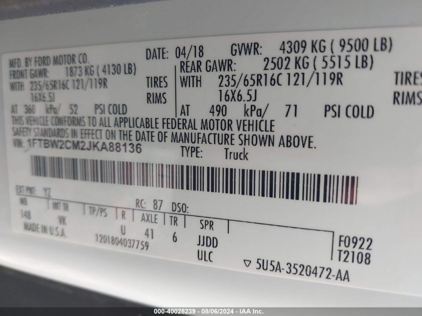 2018 Ford Transit-350 VIN: 1FTBW2CM2JKA88136 Lot: 40028239