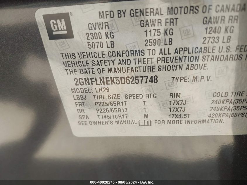 2013 Chevrolet Equinox 2Lt VIN: 2GNFLNEK5D6257748 Lot: 40028275