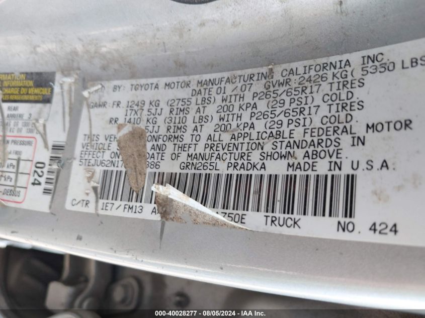 2007 Toyota Tacoma Prerunner V6 VIN: 5TEJU62N17Z381386 Lot: 40028277