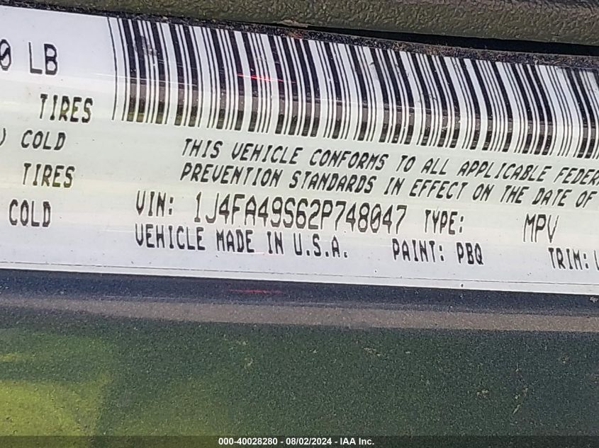 2002 Jeep Wrangler Sport VIN: 1J4FA49S62P748047 Lot: 40028280