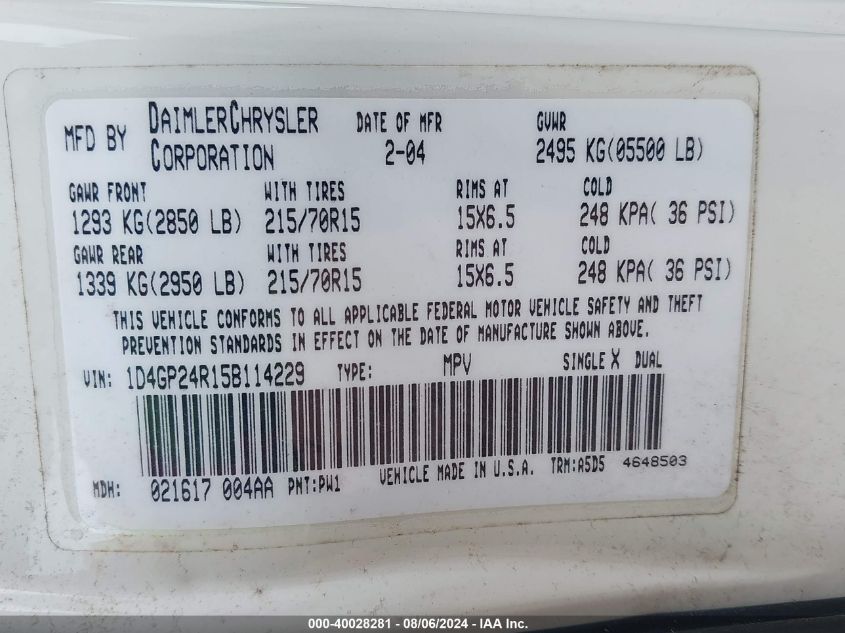 2005 Dodge Grand Caravan Se VIN: 1D4GP24R15B114229 Lot: 40028281