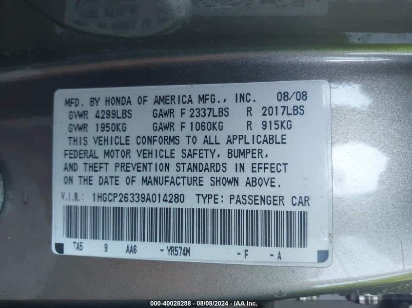2009 Honda Accord 2.4 Lx VIN: 1HGCP26339A014280 Lot: 40028288