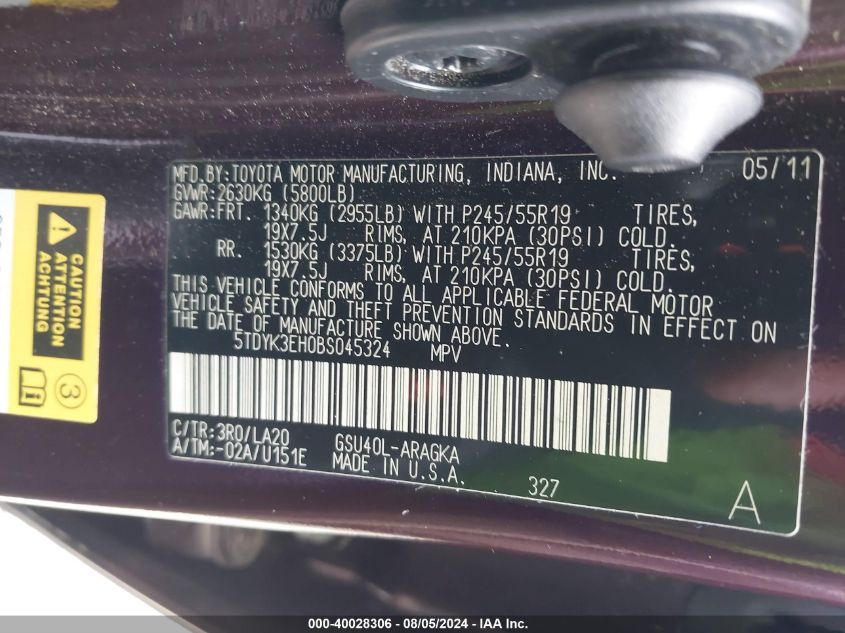 2011 Toyota Highlander Limited V6 VIN: 5TDYK3EH0BS045324 Lot: 40028306