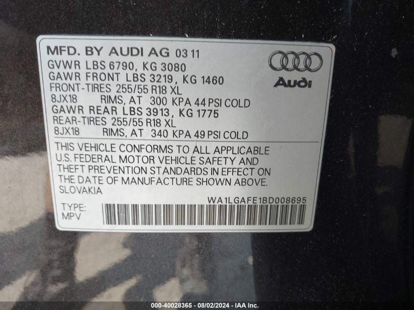 2011 Audi Q7 3.0T Premium VIN: WA1LGAFE1BD008695 Lot: 40028365