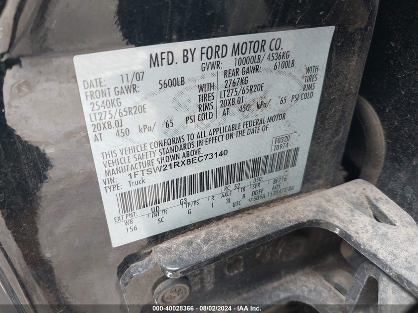 2008 Ford F-250 Fx4/Harley-Davidson/King Ranch/Lariat/Xl/Xlt VIN: 1FTSW21RX8EC73140 Lot: 40028366