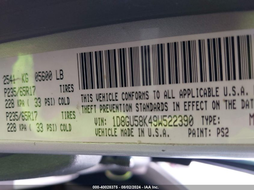 2009 Dodge Nitro Slt/Rt VIN: 1D8GU58K49W522390 Lot: 40028375