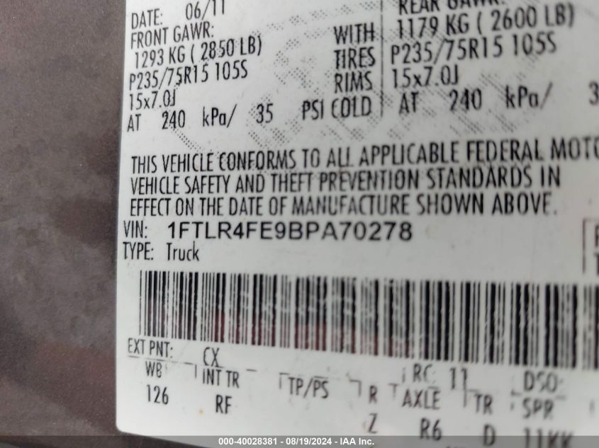 2011 Ford Ranger Xlt VIN: 1FTLR4FE9BPA70278 Lot: 40028381