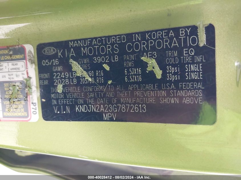 2016 Kia Soul VIN: KNDJN2A23G7872613 Lot: 40028412