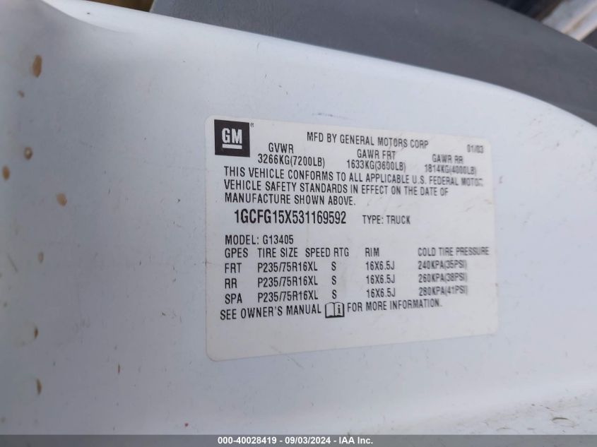 2003 Chevrolet Express VIN: 1GCFG15X531169592 Lot: 40028419